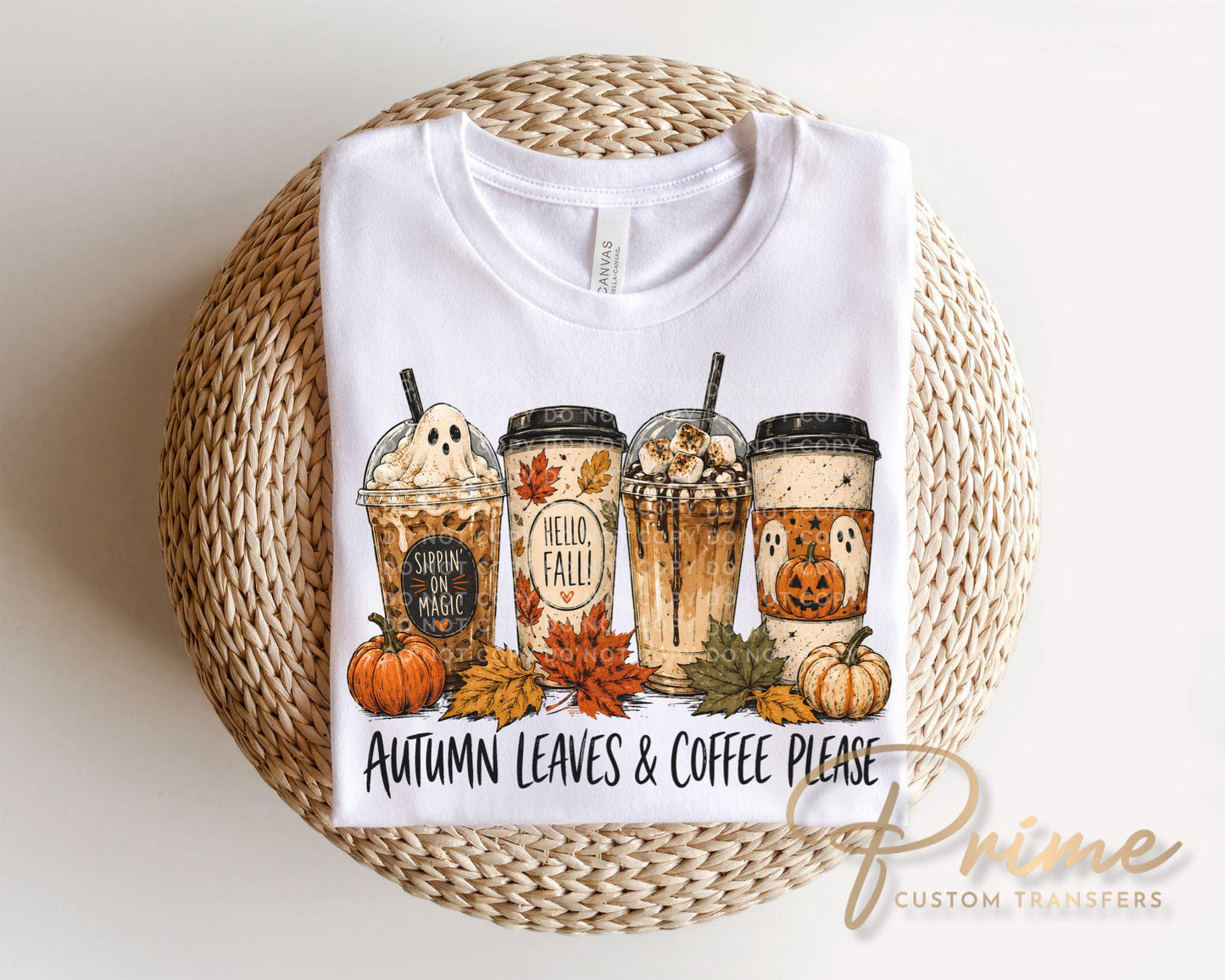 Autumn Leaves & Coffee Please DTF Transfers, Fall Coffee, Spooky Season, Pumpkin Ghost, Ready to Press