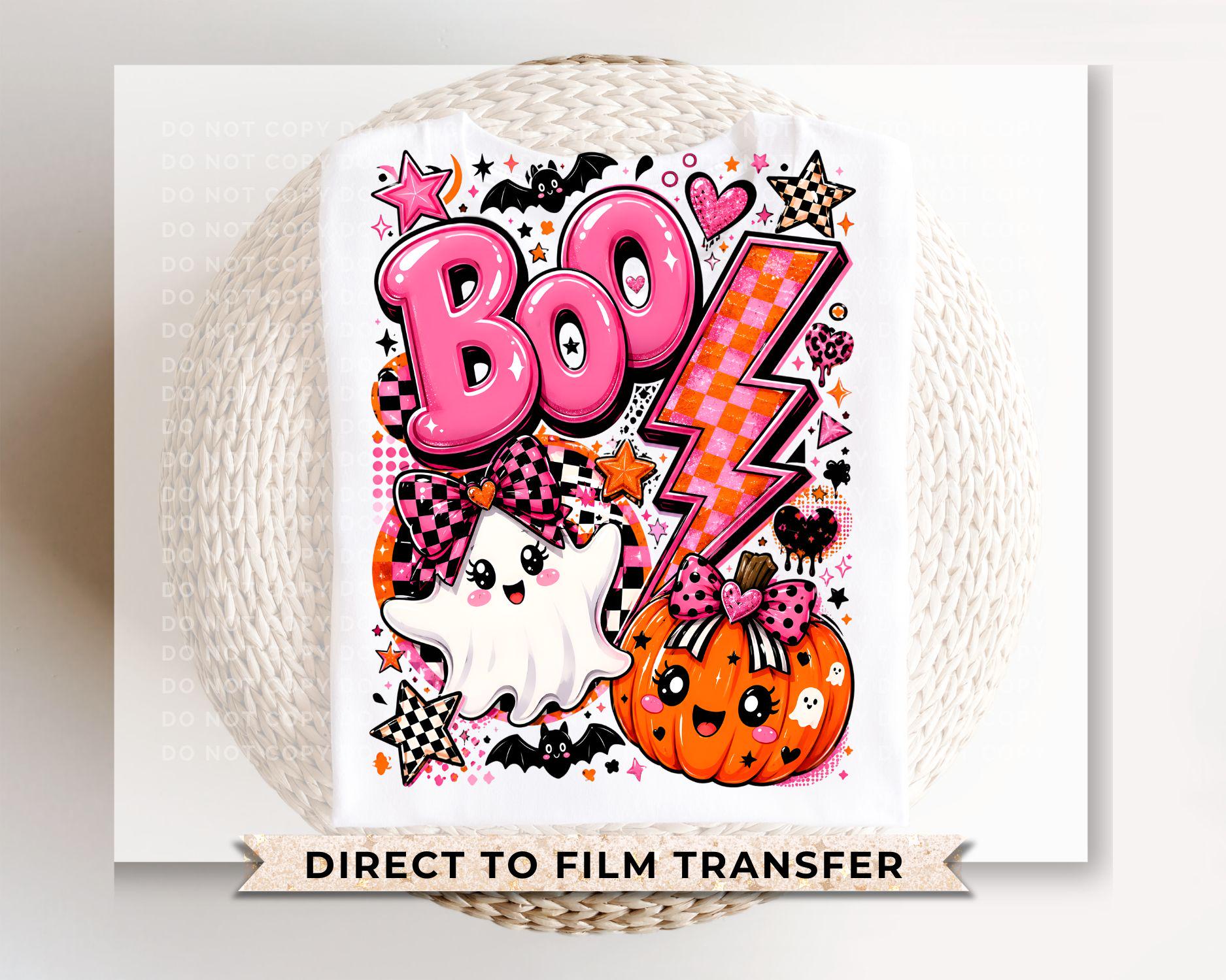 Pink Ghost Halloween DTF Transfers, Preppy BOO Pumpkin, Cute Spooky Season Shirt Design