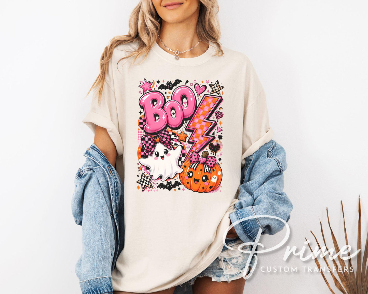 Pink Ghost Halloween DTF Transfers, Preppy BOO Pumpkin, Cute Spooky Season Shirt Design