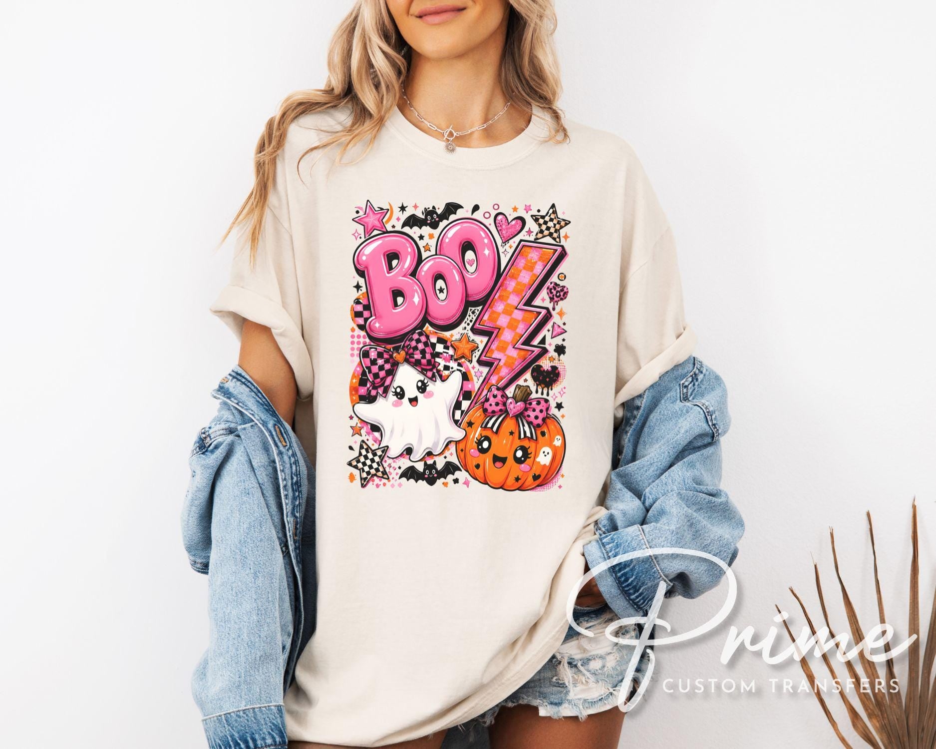 Pink Ghost Halloween DTF Transfers, Preppy BOO Pumpkin, Cute Spooky Season Shirt Design
