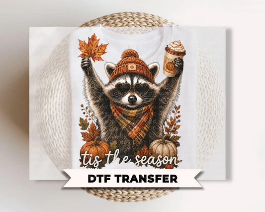 Retro Autumn Raccoon DTF Transfers, Ready to Press, Vintage Halloween Tshirt Design