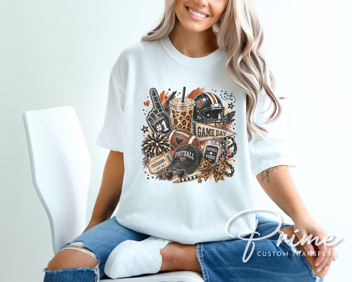 Brushstroke Game Day Football DTF Transfer, Ready to Press, Leopard Football Doodles, Football Mom Tshirt Design
