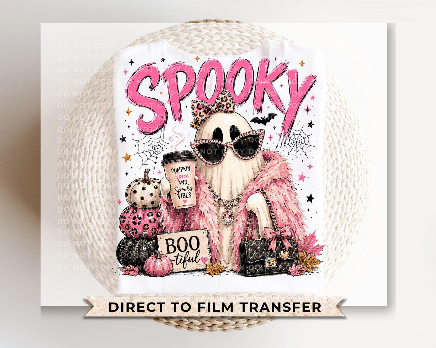 Preppy Ghost Halloween DTF Transfers, Glam Leopard Pumpkin Spice & Spooky Vibes Shirt Design