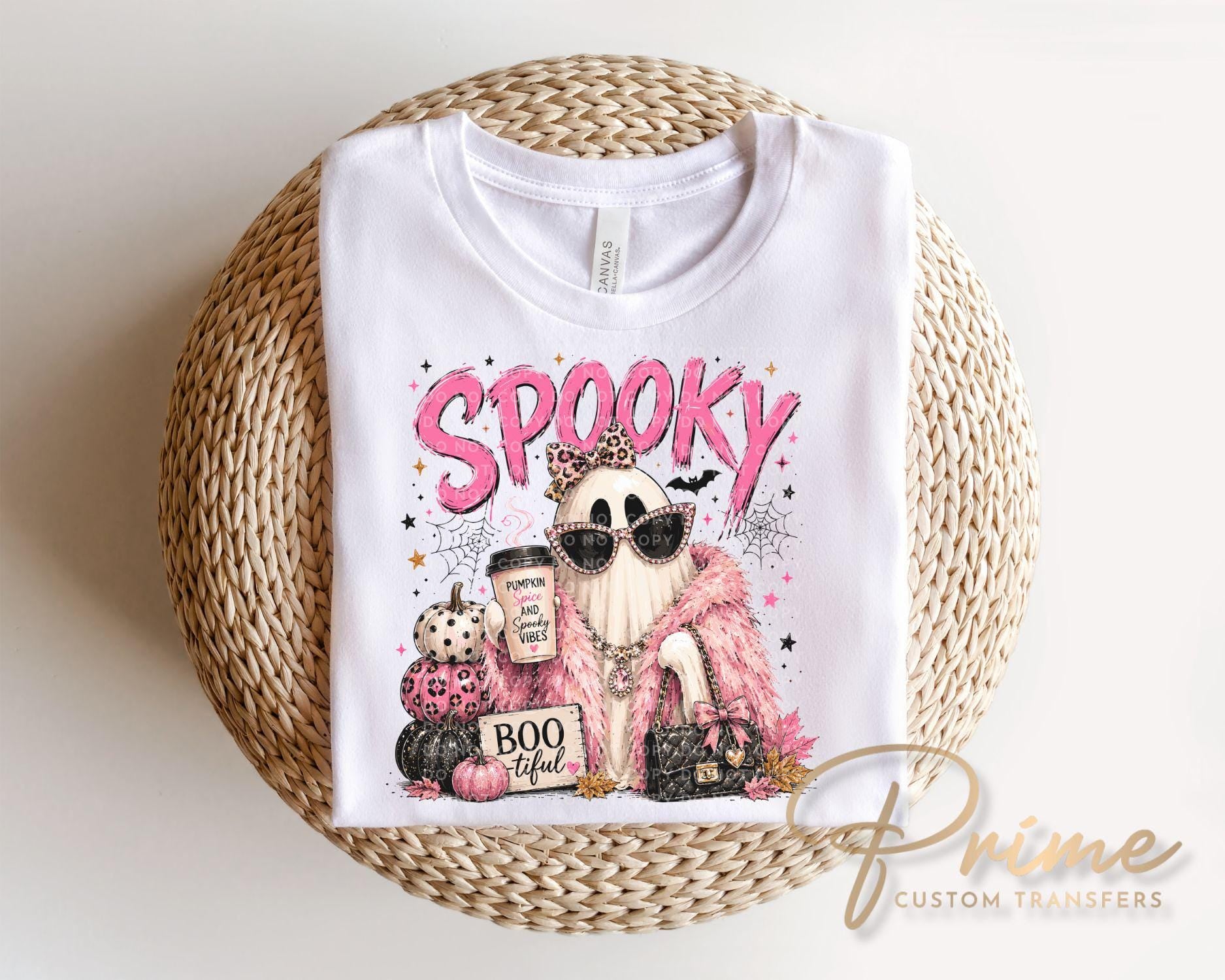 Preppy Ghost Halloween DTF Transfers, Glam Leopard Pumpkin Spice & Spooky Vibes Shirt Design