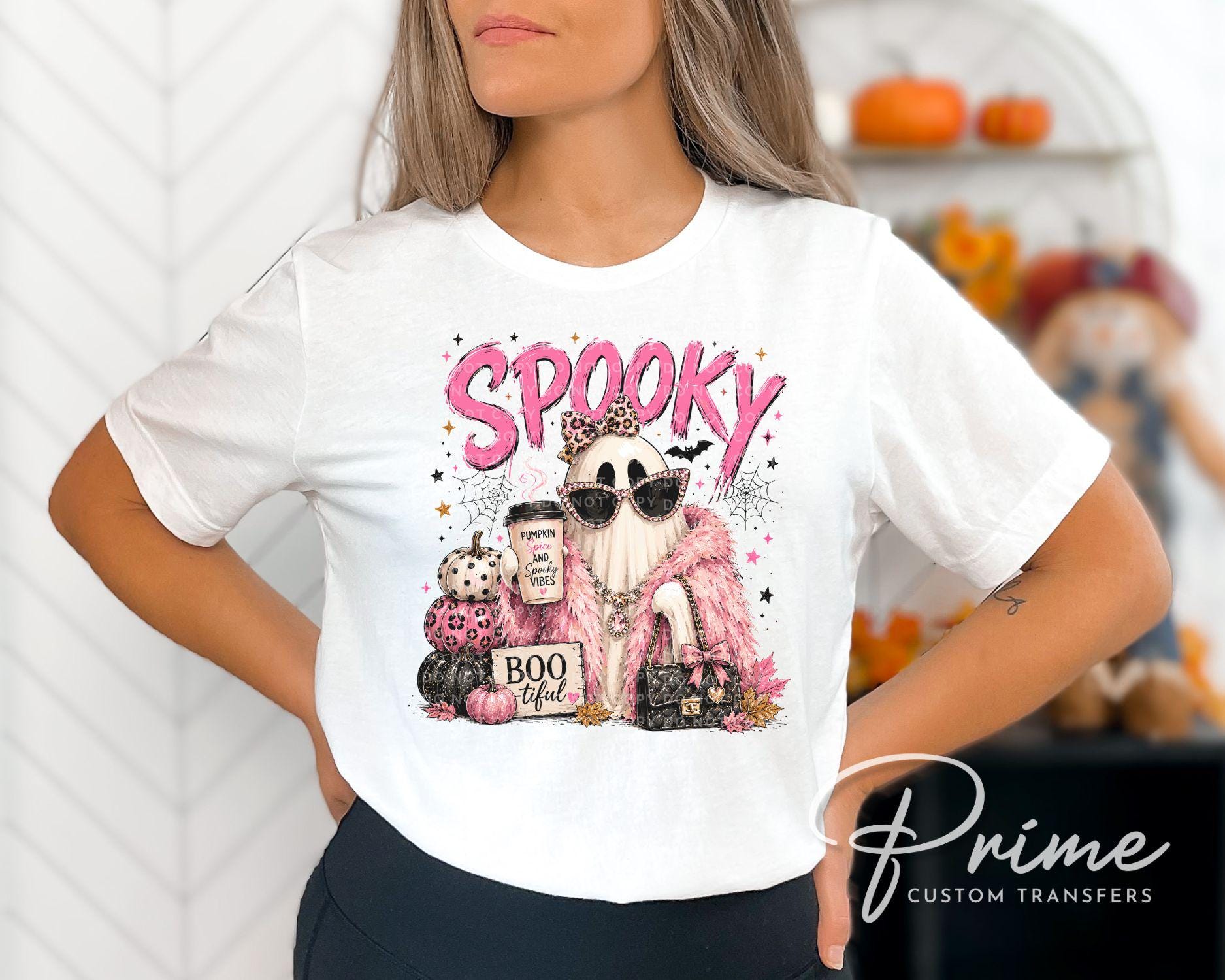 Preppy Ghost Halloween DTF Transfers, Glam Leopard Pumpkin Spice & Spooky Vibes Shirt Design