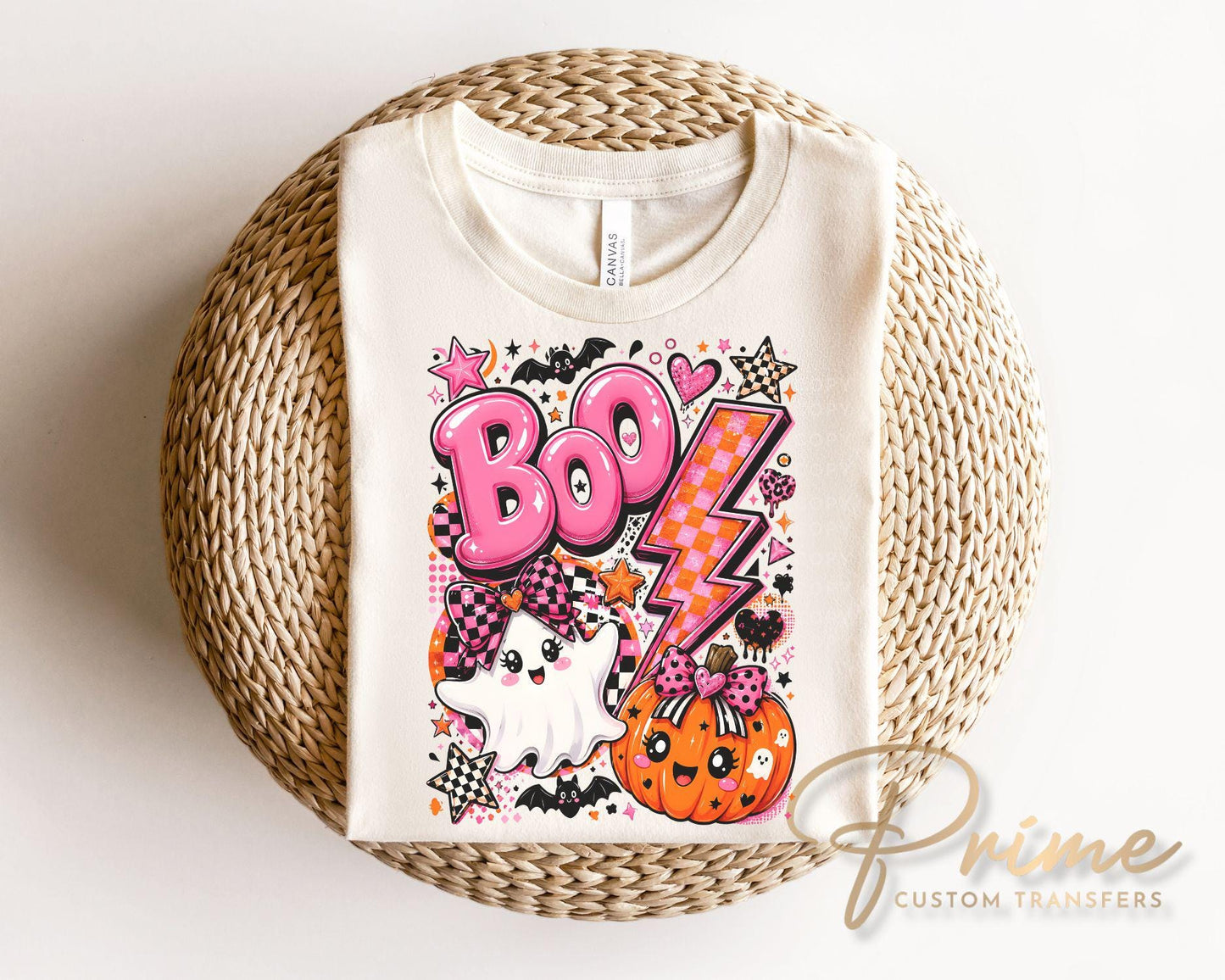 Pink Ghost Halloween DTF Transfers, Preppy BOO Pumpkin, Cute Spooky Season Shirt Design