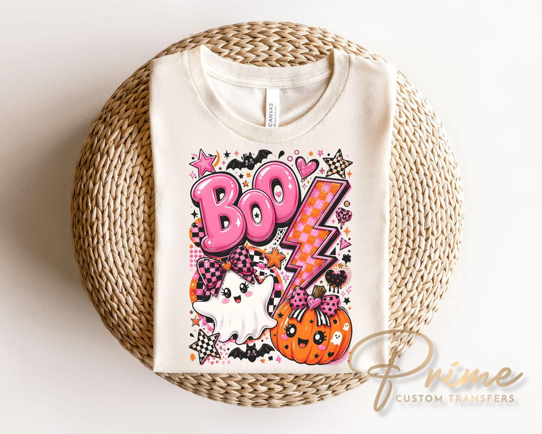 Pink Ghost Halloween DTF Transfers, Preppy BOO Pumpkin, Cute Spooky Season Shirt Design