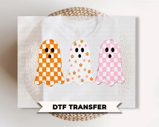 Cute Ghost Halloween DTF Transfers, Ready to Press, Checkered Ghost Shirt Design