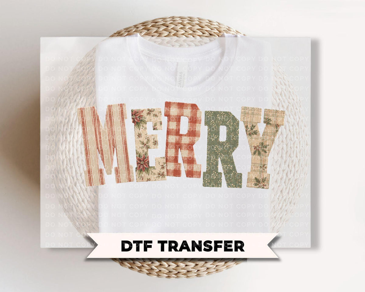 Patchwork Merry Christmas DTF Transfers, Ready to Press, Flannel Letters Dots Stripes, Holiday Tshirt Design