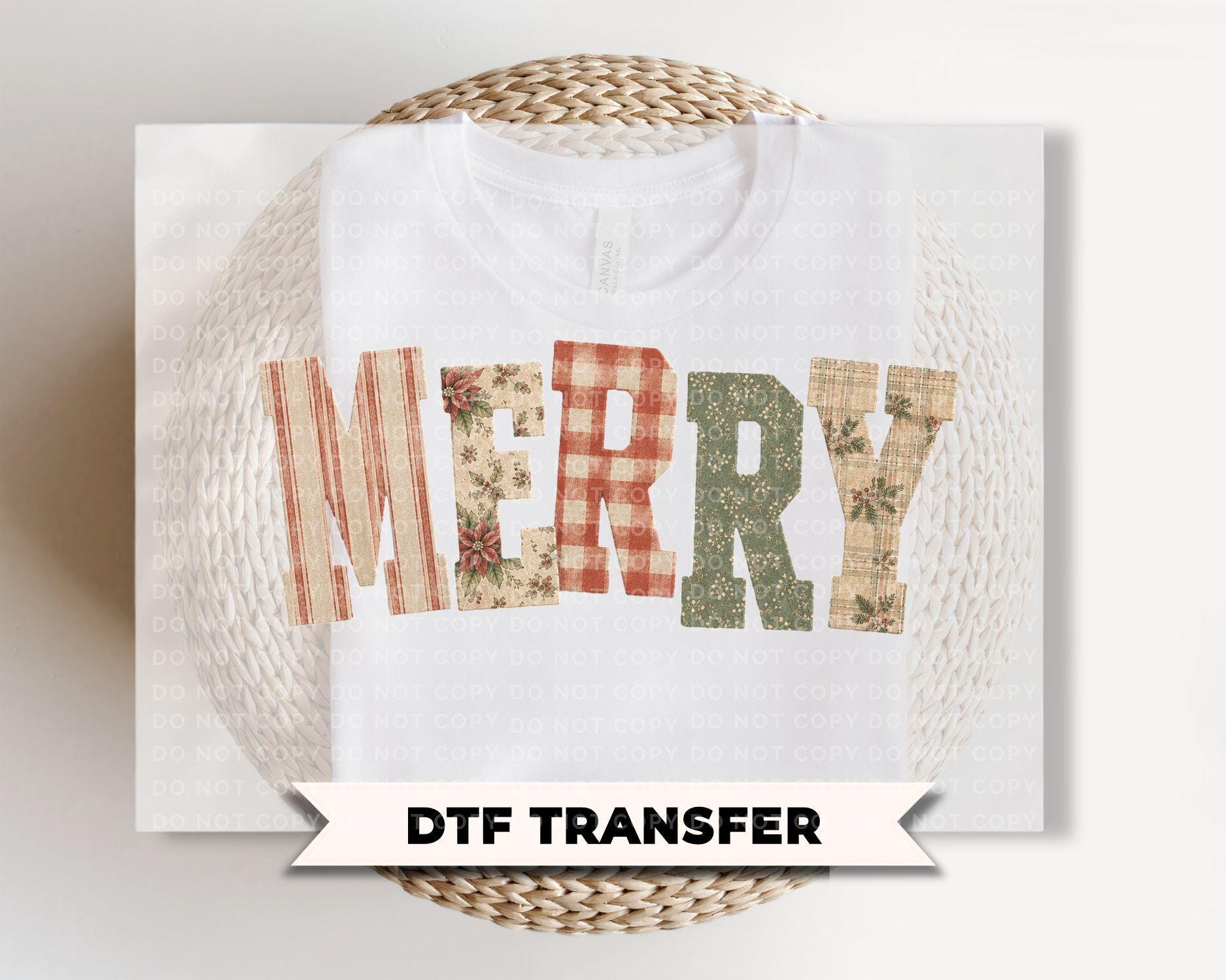 Patchwork Merry Christmas DTF Transfers, Ready to Press, Flannel Letters Dots Stripes, Holiday Tshirt Design