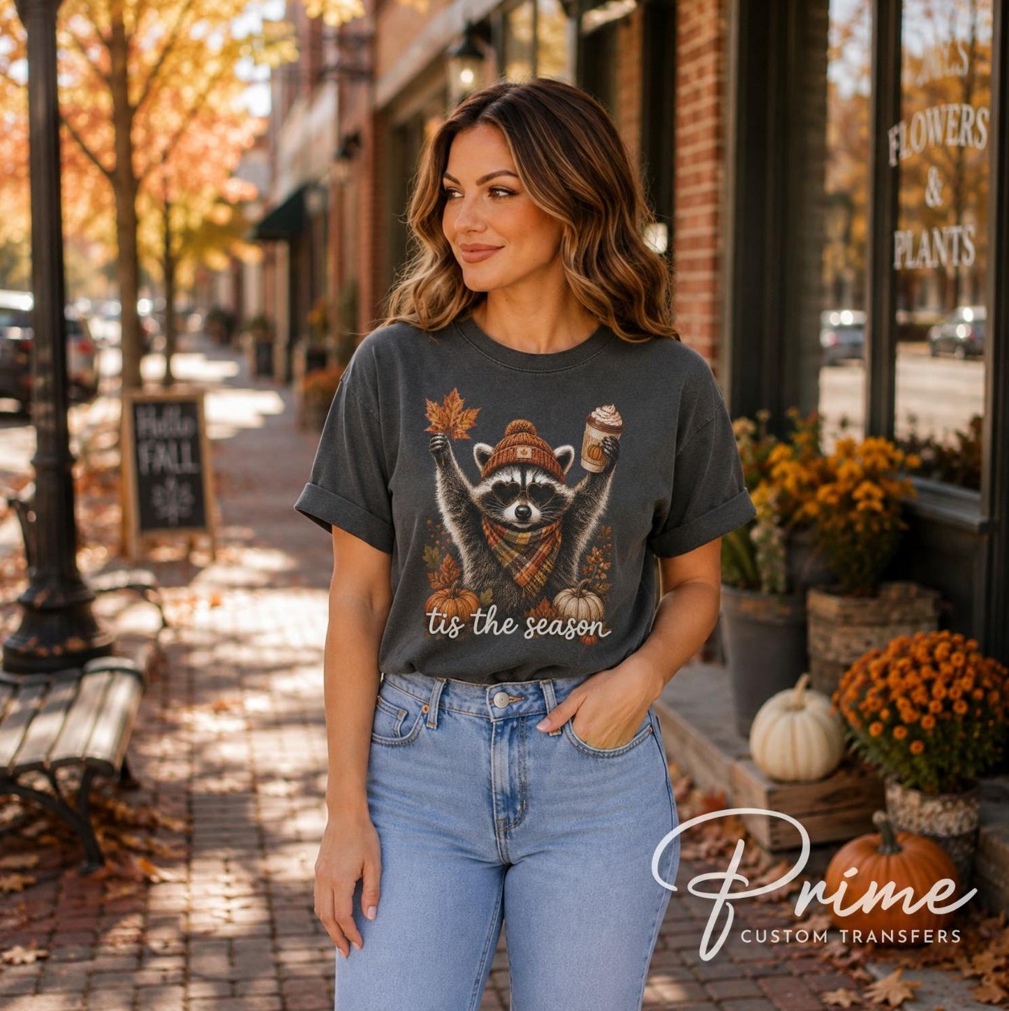 Retro Autumn Raccoon DTF Transfers, Ready to Press, Vintage Halloween Tshirt Design