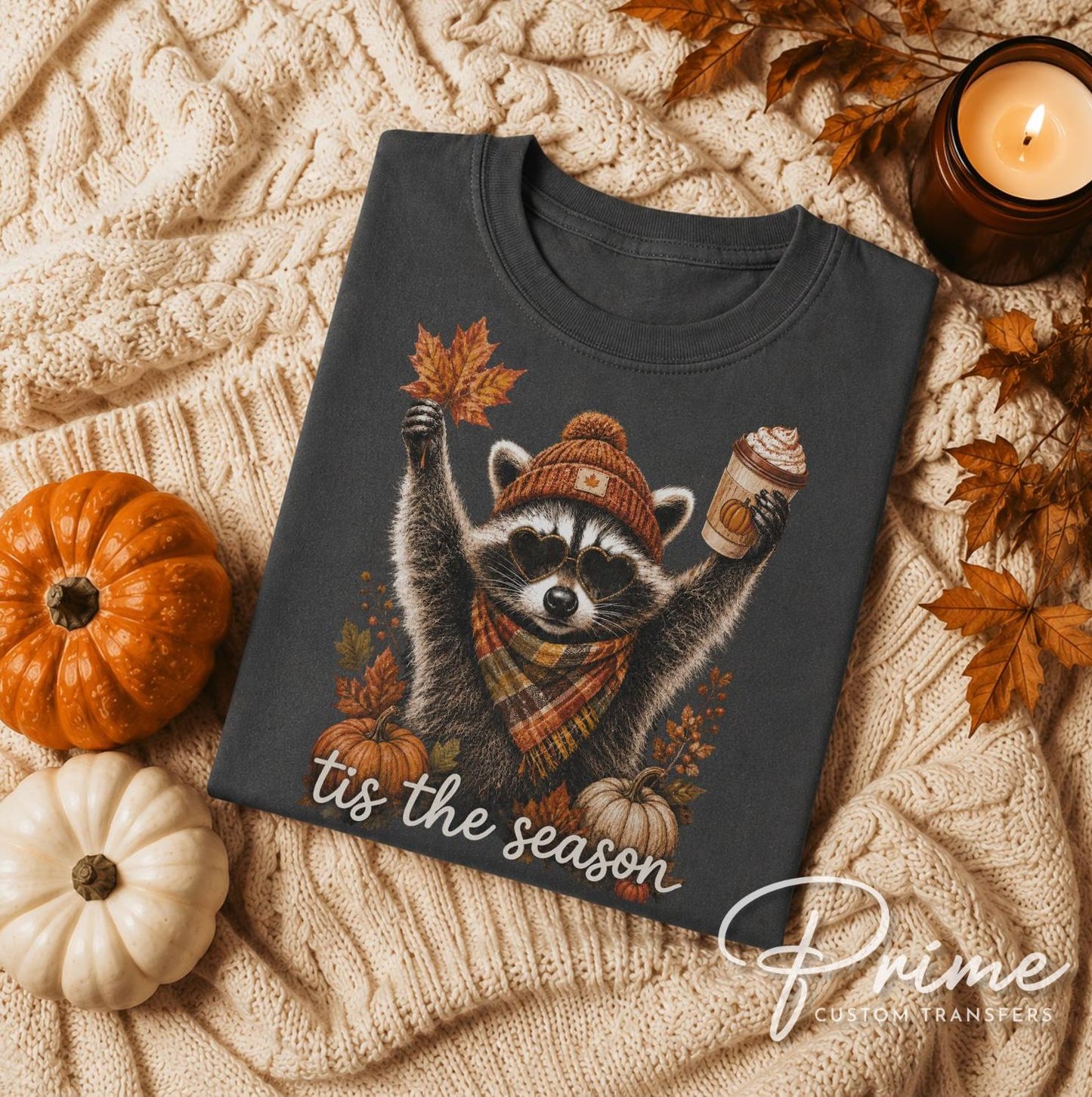 Retro Autumn Raccoon DTF Transfers, Ready to Press, Vintage Halloween Tshirt Design