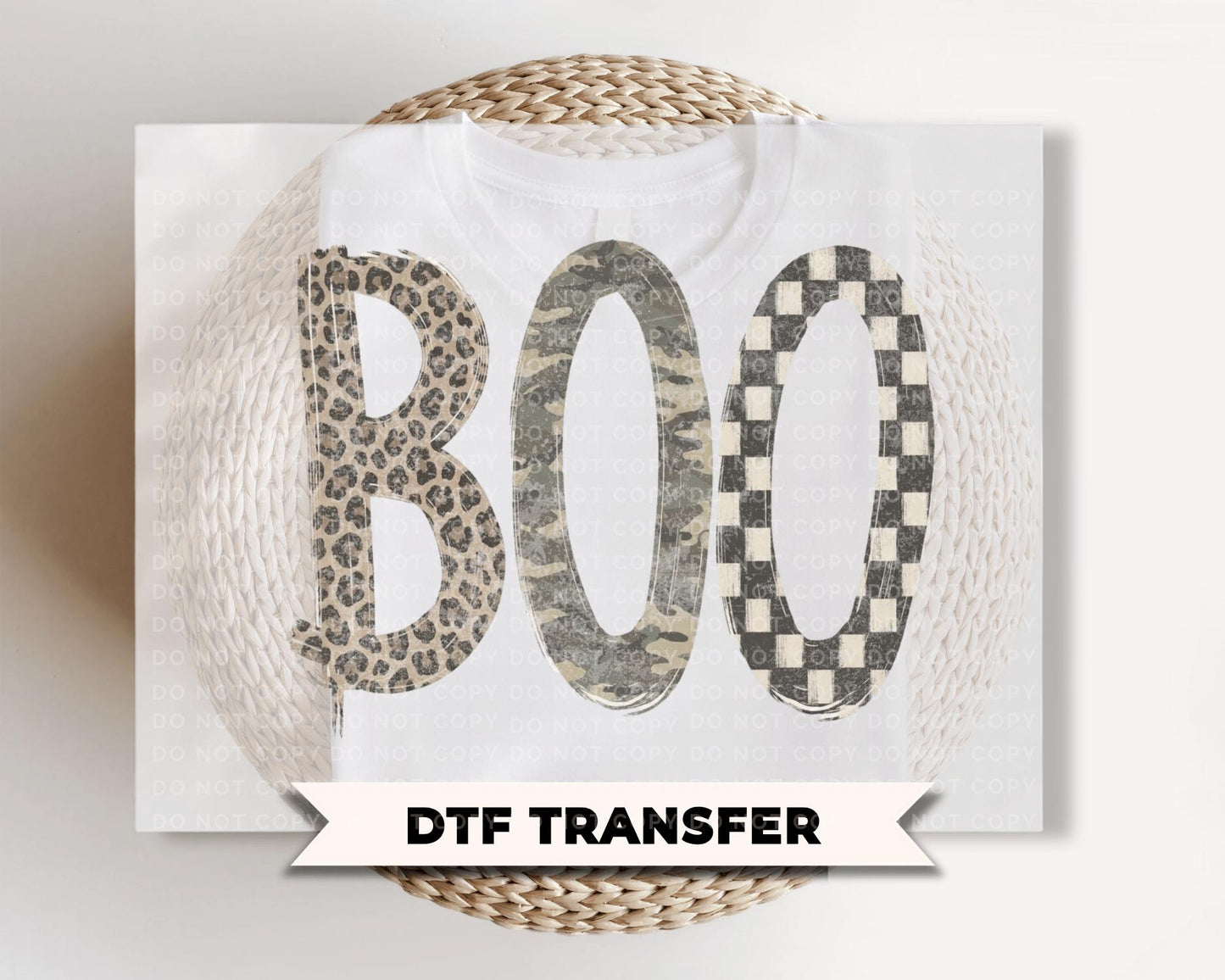 Boo Halloween DTF Transfers, Camo Leopard Checkered Boo, Ready to Press Fall Shirt Design