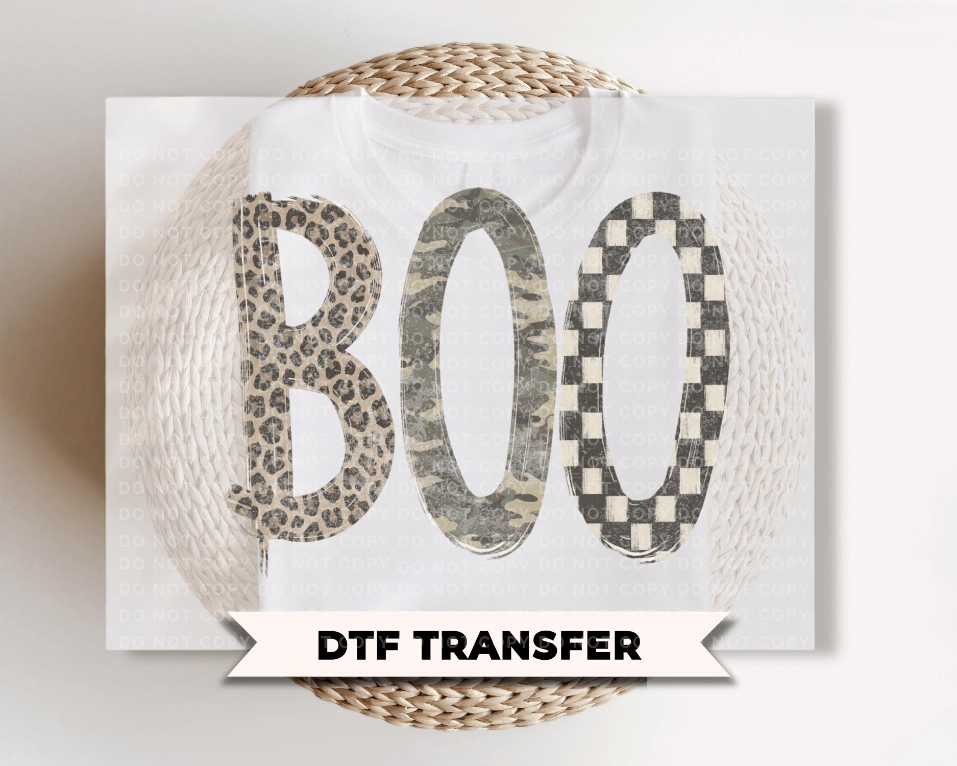 Boo Halloween DTF Transfers, Camo Leopard Checkered Boo, Ready to Press Fall Shirt Design