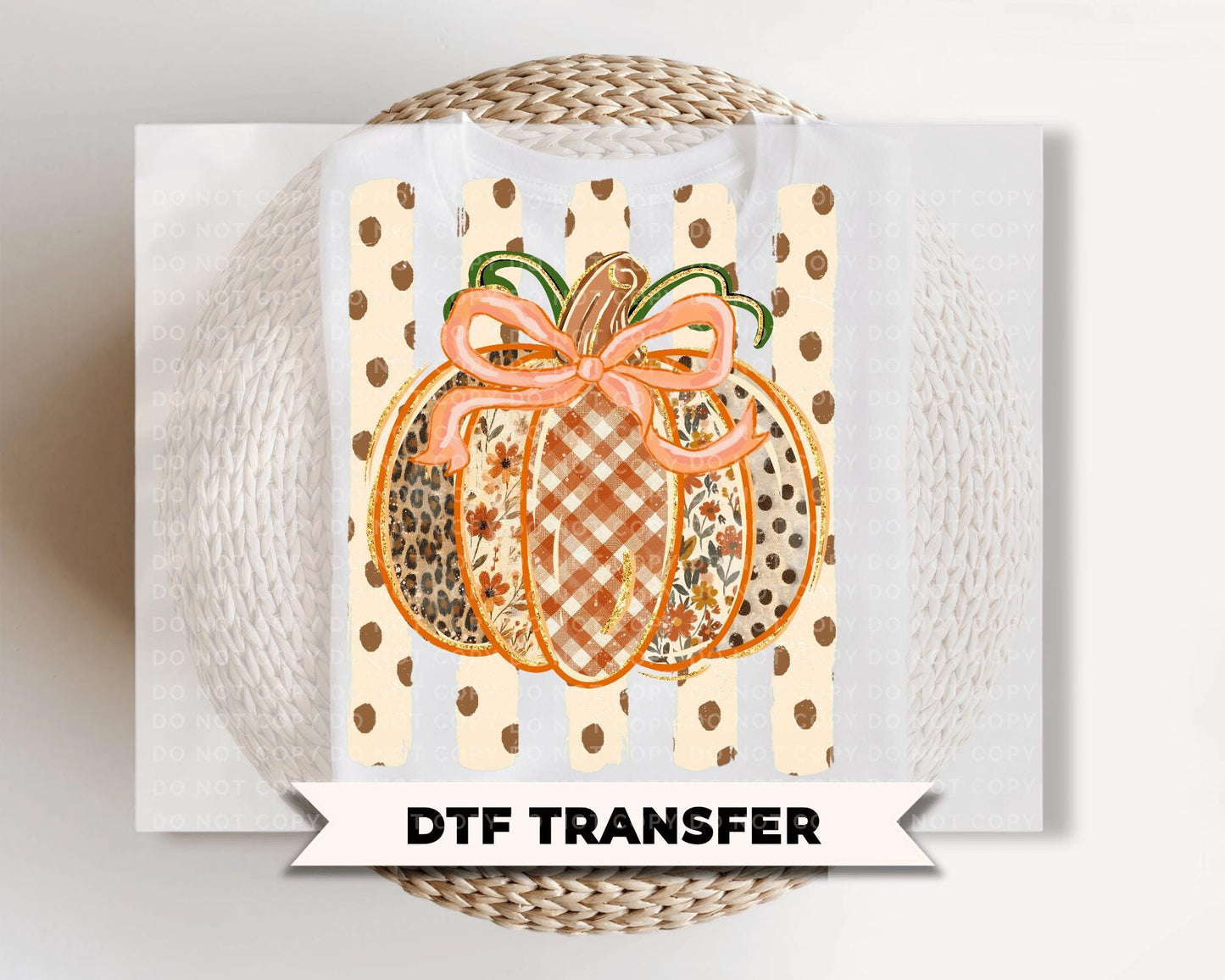 Preppy Fall Striped Pumpkin DTF Transfers, Coquette Floral Halloween, Ready to Press, Fall Shirt Design
