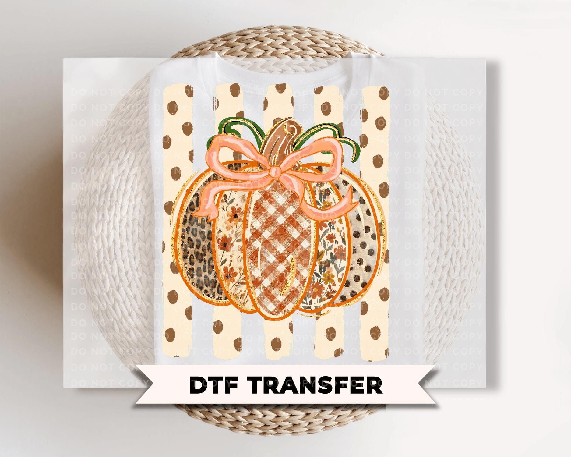 Preppy Fall Striped Pumpkin DTF Transfers, Coquette Floral Halloween, Ready to Press, Fall Shirt Design