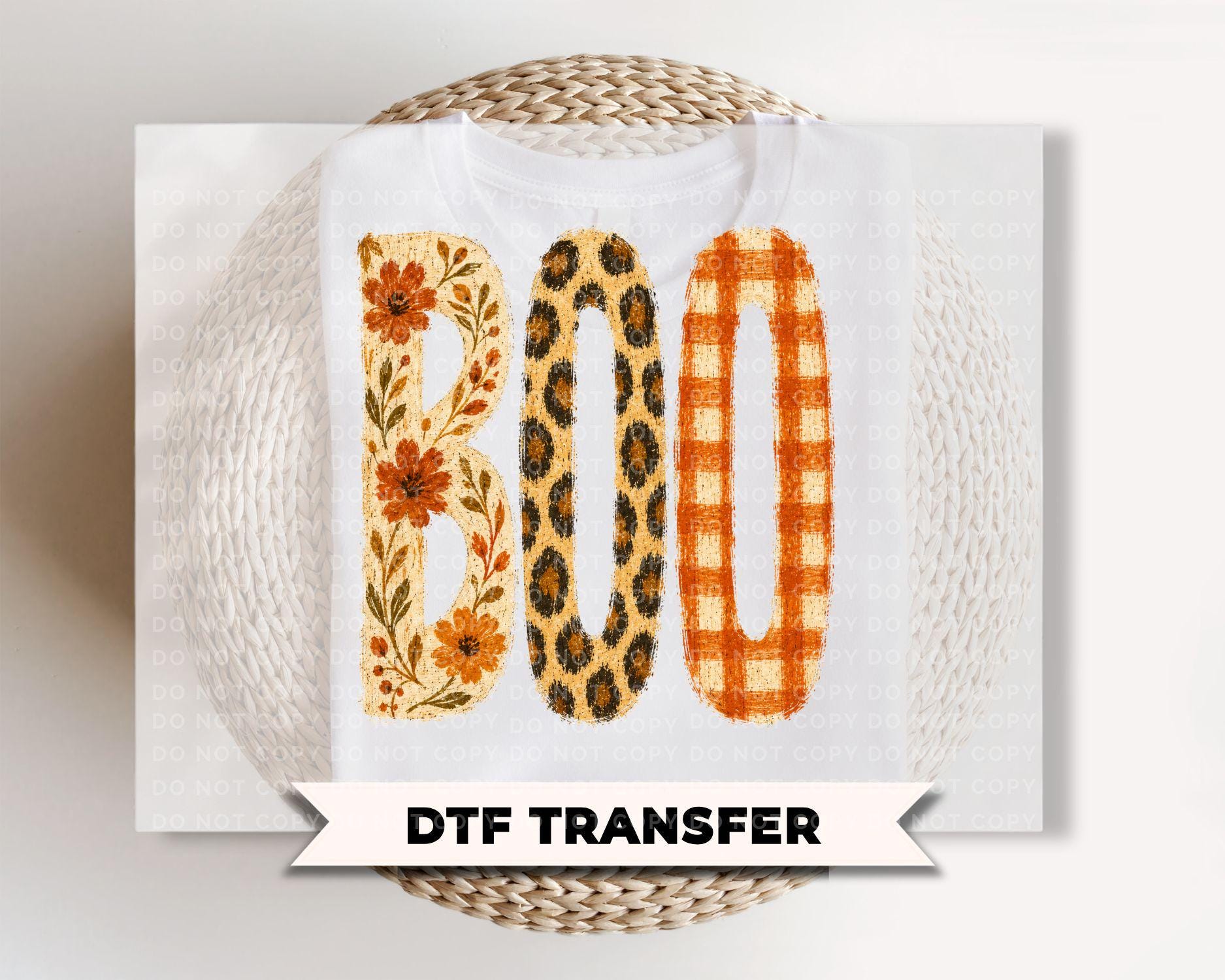 Boo Halloween DTF Transfers, Floral Leopard Checkered Boo, Ready to Press Fall Shirt Design