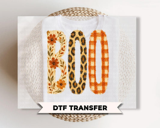 Boo Halloween DTF Transfers, Floral Leopard Checkered Boo, Ready to Press Fall Shirt Design