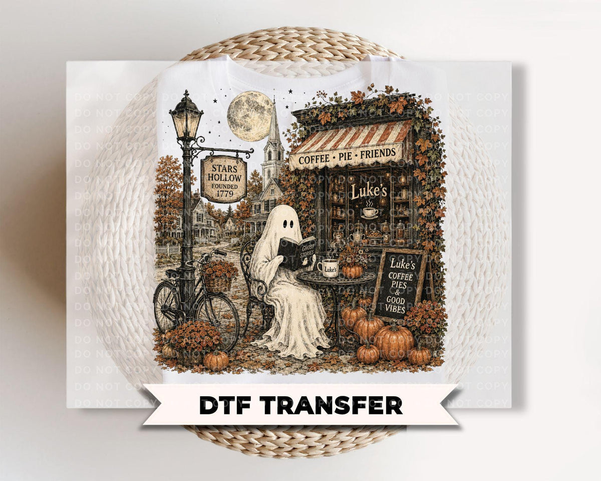 Cozy Fall Ghost Coffee Shop DTF Transfers, Ready to Press, Halloween Book Lover Shirt Design