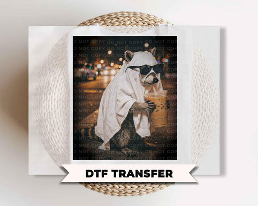 Ghost Raccoon Halloween DTF Transfers, Funny Feral, Coffee Lover, Trendy Fall Tshirt Design