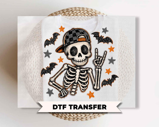 Boy Skeleton Halloween DTF Transfers, Ready to Press, Retro Checker Skeleton Shirt Design