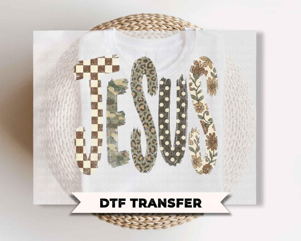 Camo Jesus Fall DTF Transfers, Floral Leopard Checkered Boo, Ready to Press, Trendy Christian Autumn Shirt Design
