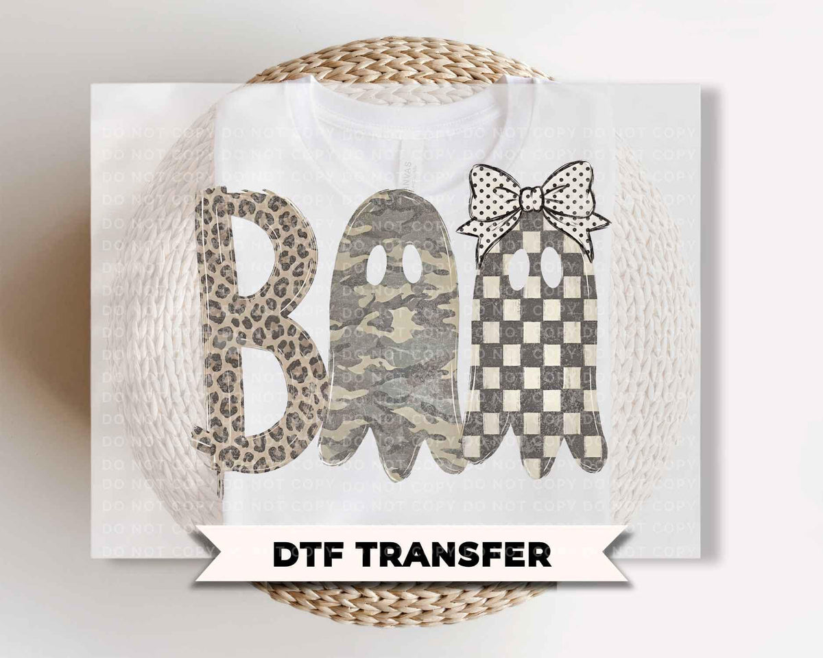 Boo Ghosts Halloween DTF Transfers, Camo Leopard Checkered, Ready to Press, Fall Shirt Design