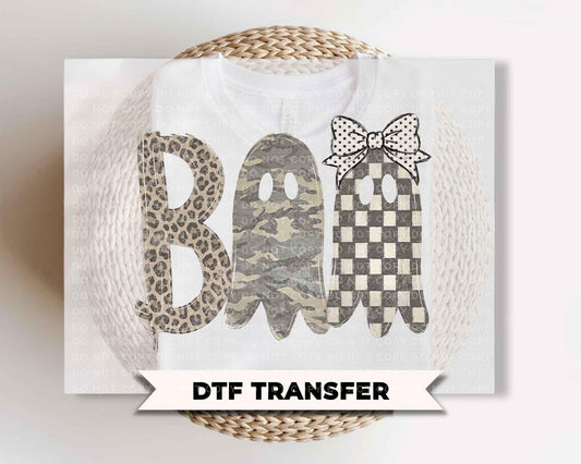 Boo Ghosts Halloween DTF Transfers, Camo Leopard Checkered, Ready to Press, Fall Shirt Design