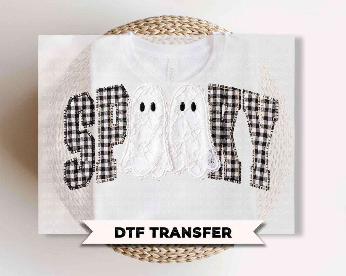Spooky Ghost DTF Transfers, Ready to Press, Gingham Lace, Patchwork Halloween Shirt Design