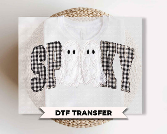 Spooky Ghost DTF Transfers, Ready to Press, Gingham Lace, Patchwork Halloween Shirt Design