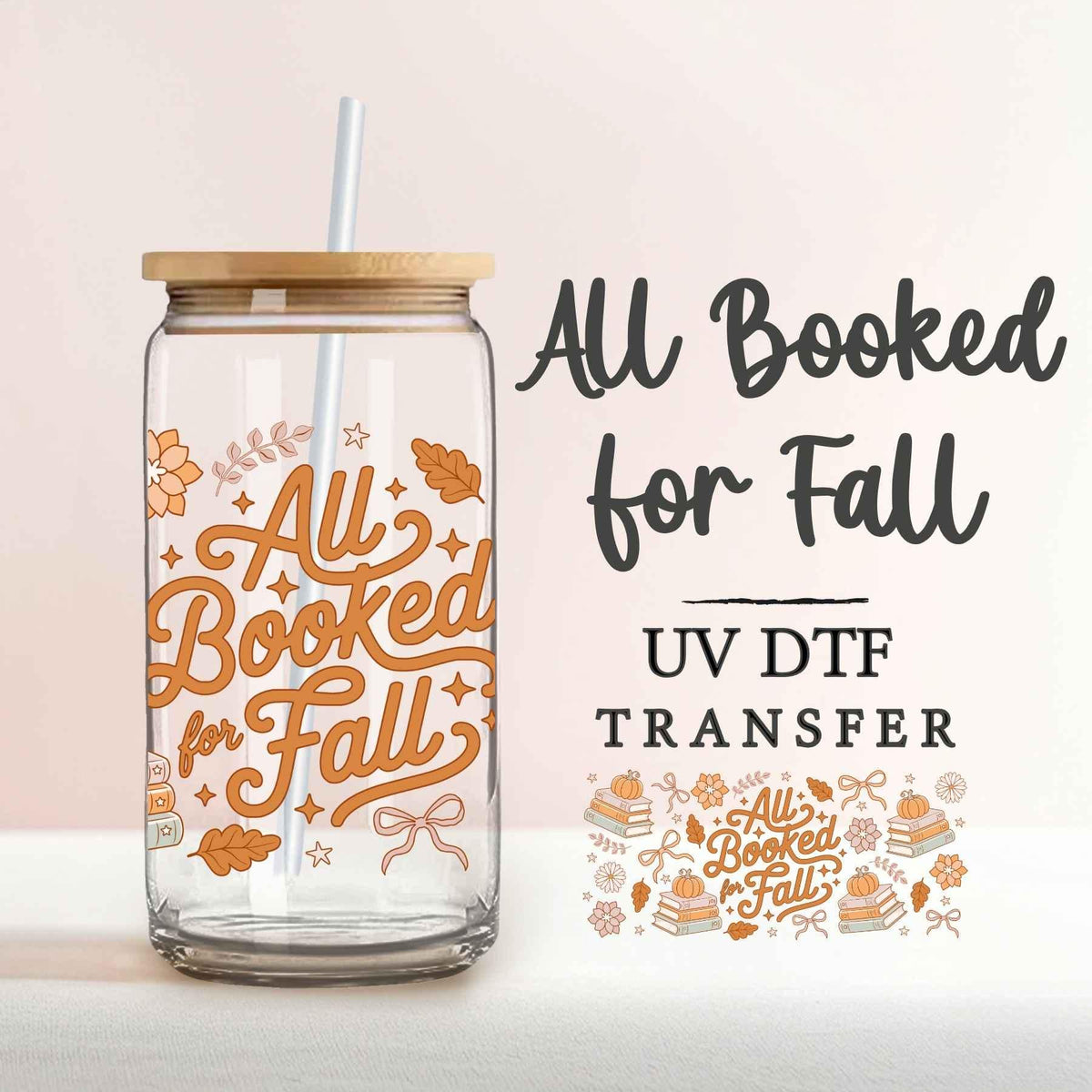 All Booked for Fall UV DTF Cup Wrap, Ready to Apply, 16 oz Decal, Halloween Cup Transfer