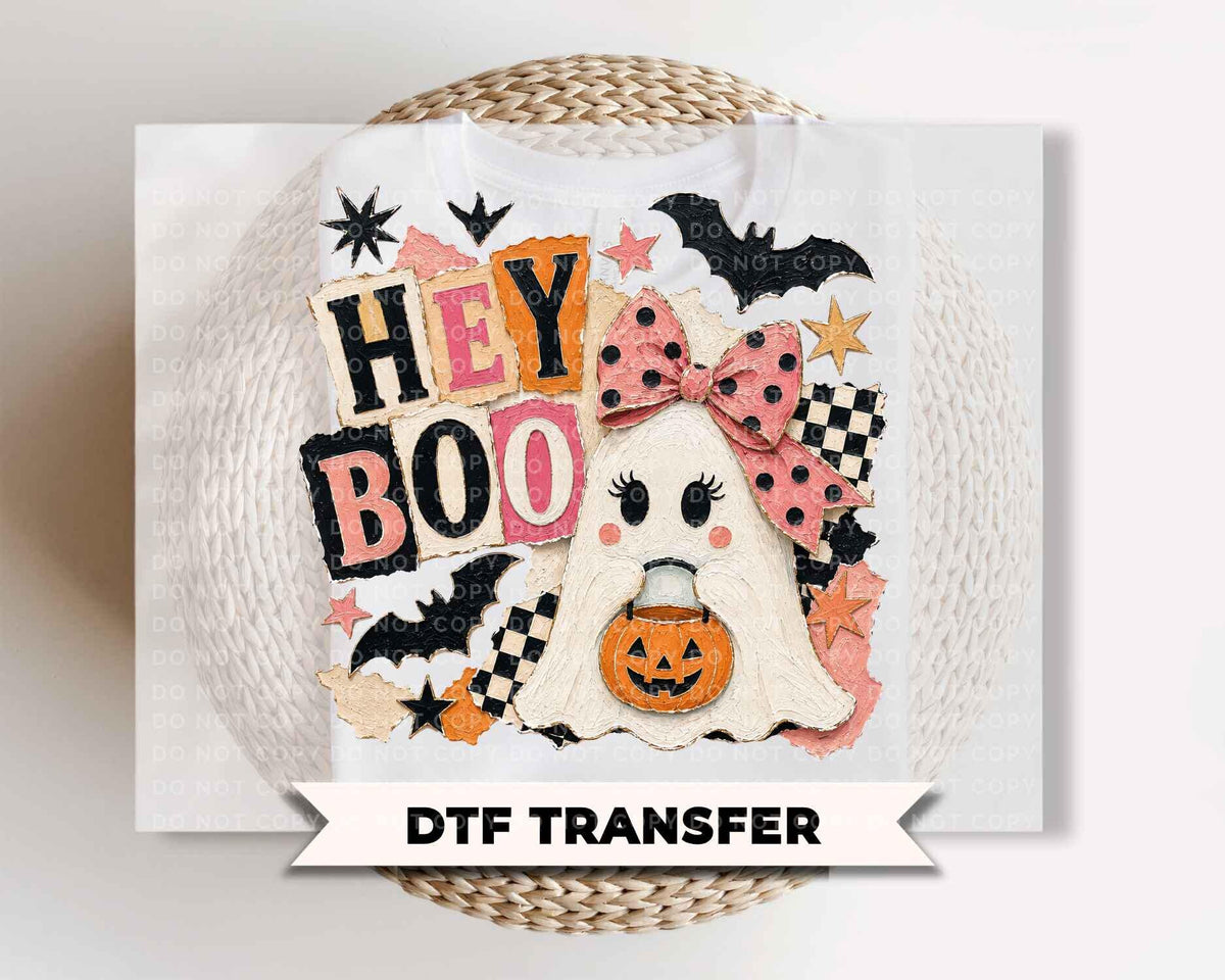 Girl Ghost Halloween DTF Transfers, Ready to Press, Brushstroke Hey Boo Shirt Design