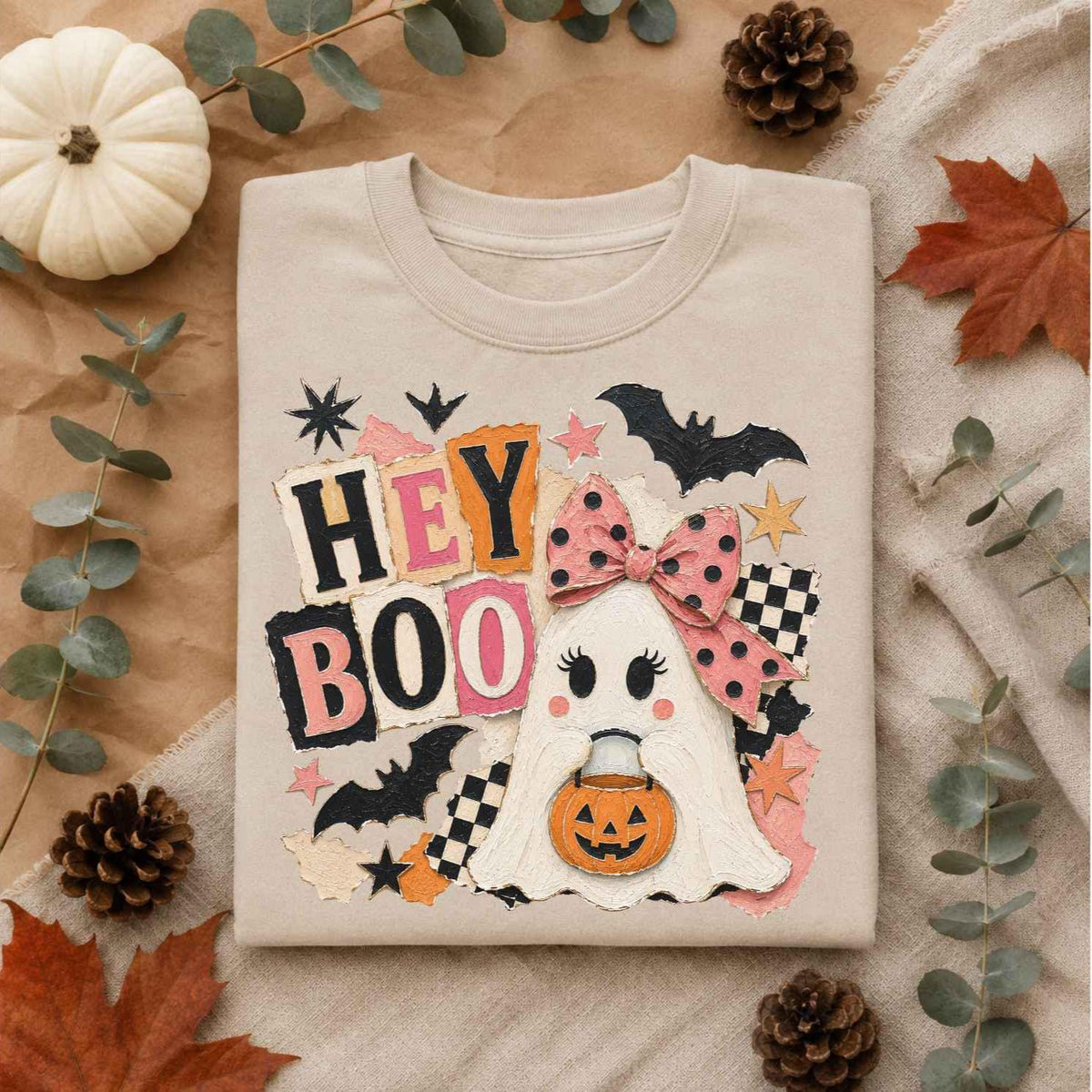 Girl Ghost Halloween DTF Transfers, Ready to Press, Brushstroke Hey Boo Shirt Design