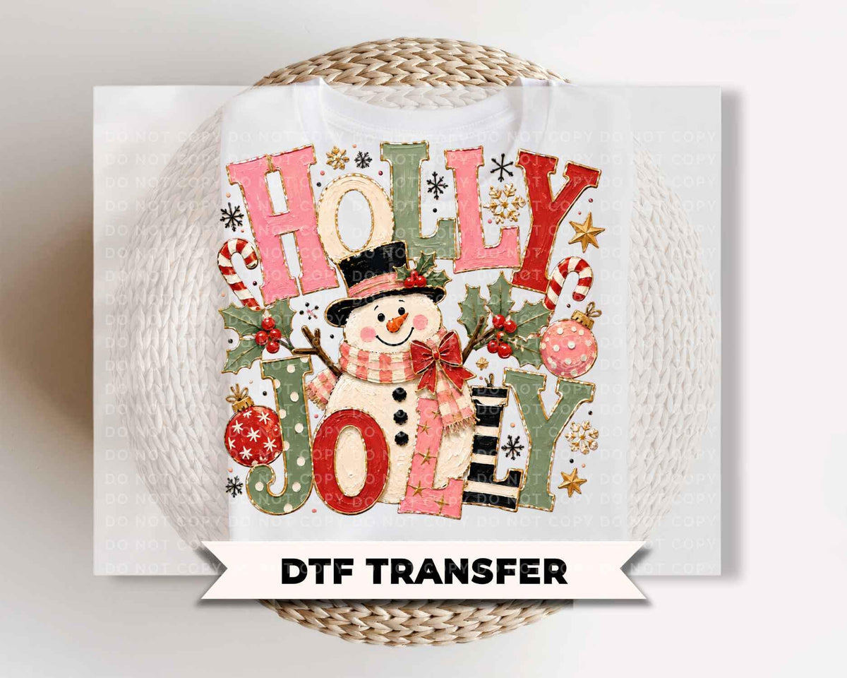 Holly Jolly Christmas DTF Transfers, Ready to Press, Brushstroke Snowman Shirt Design