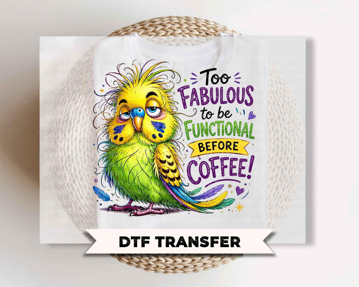 Coffee Lover DTF Transfers, Ready to Press, Too Fabulous to be Functional Before Coffee, Sarcastic Shirt Design