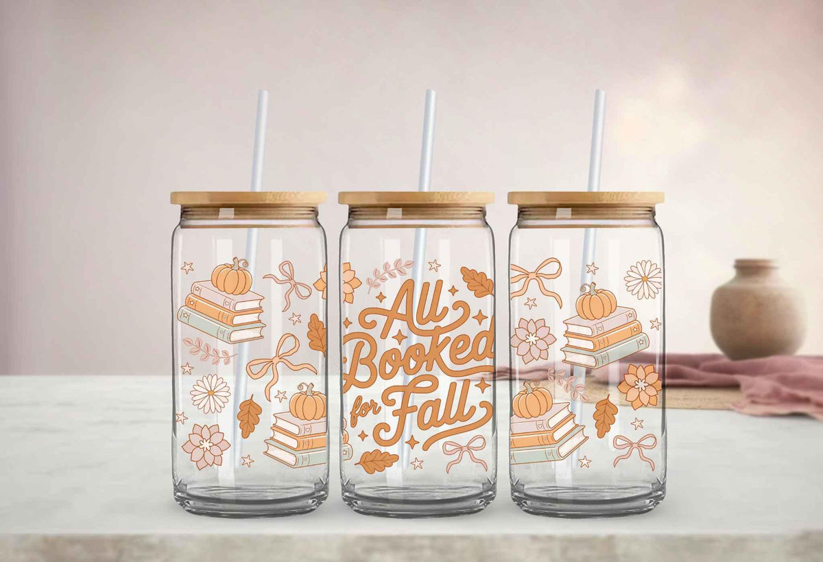 All Booked for Fall UV DTF Cup Wrap, Ready to Apply, 16 oz Decal, Halloween Cup Transfer