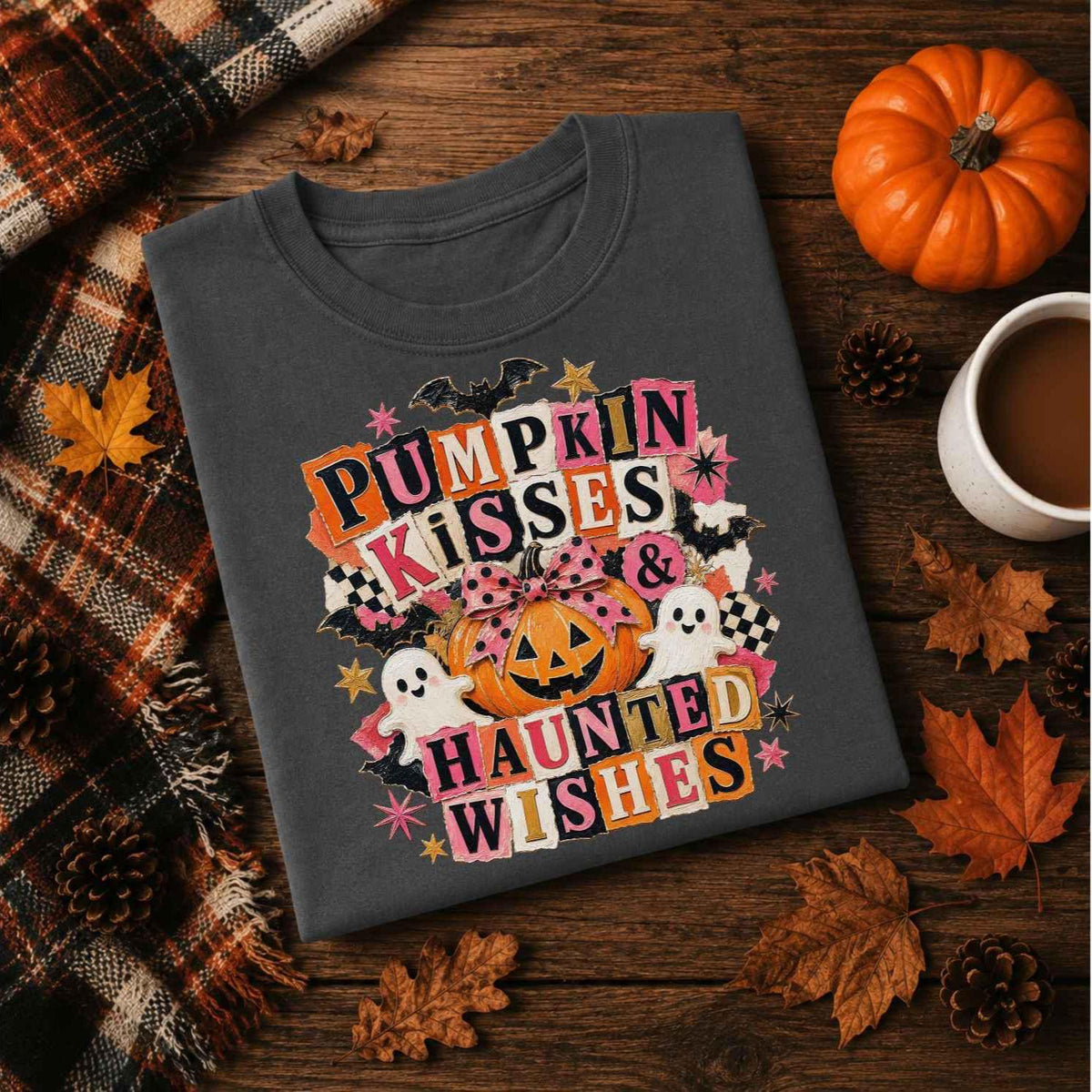 Halloween DTF Transfers, Ready to Press, Pumpkin Kisses Haunted Wishes Shirt Design