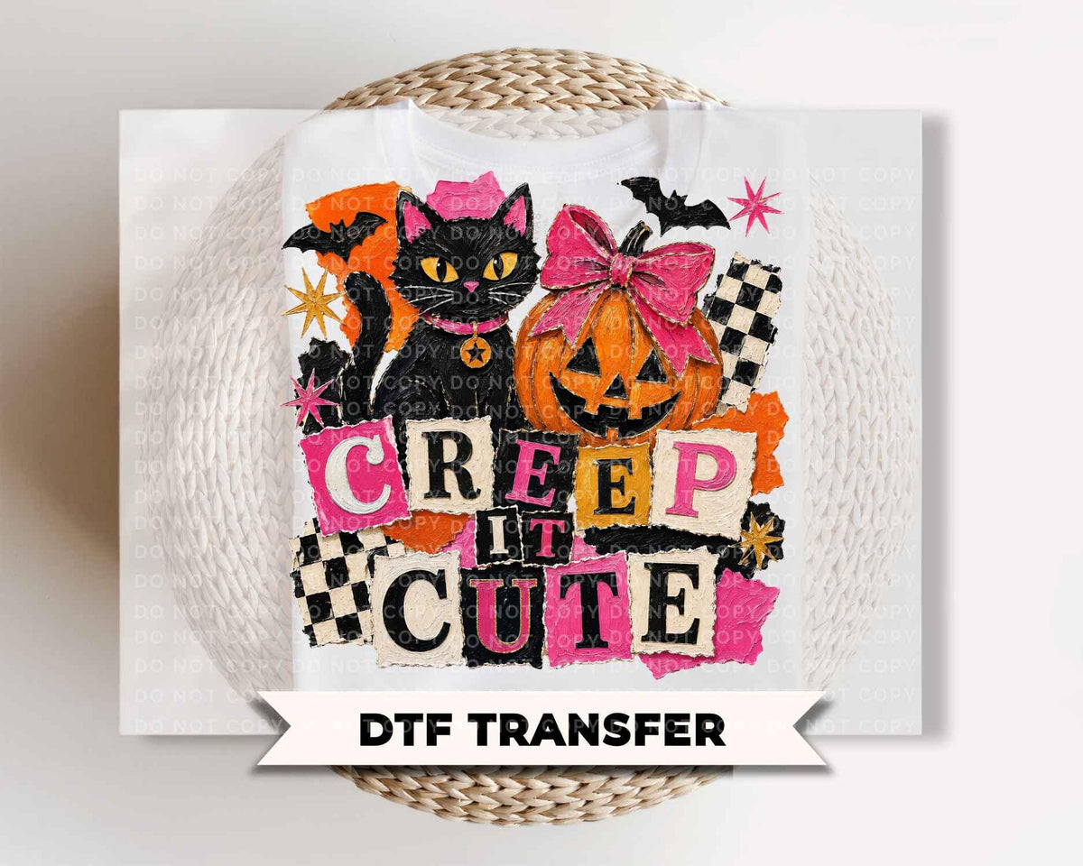 Girls Halloween DTF Transfers, Ready to Press, Creep it Cute, Black Cat Shirt Design