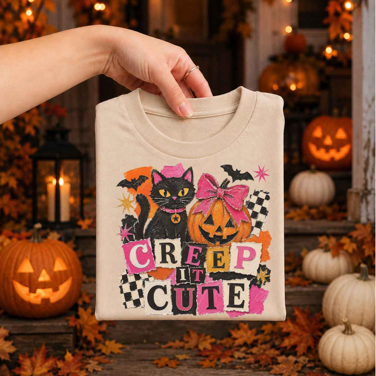 Girls Halloween DTF Transfers, Ready to Press, Creep it Cute, Black Cat Shirt Design