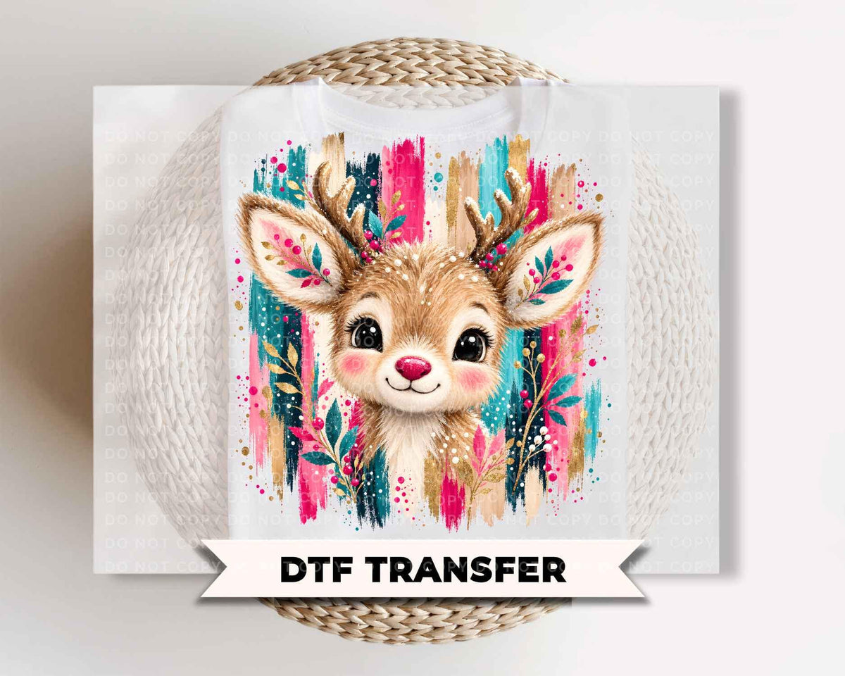 Brushstroke Reindeer Christmas DTF Transfers, Ready to Press, Holiday Shirt Design