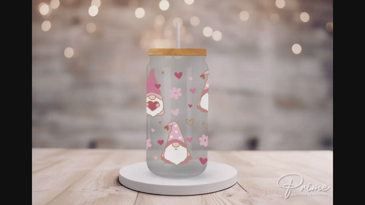 Valentine's Day UV DTF 16oz Libbey Cup Wrap Sticker, Ready To Apply, Direct to Film, Glass Can, Permanent, Waterproof, Holiday, Pink Gnome