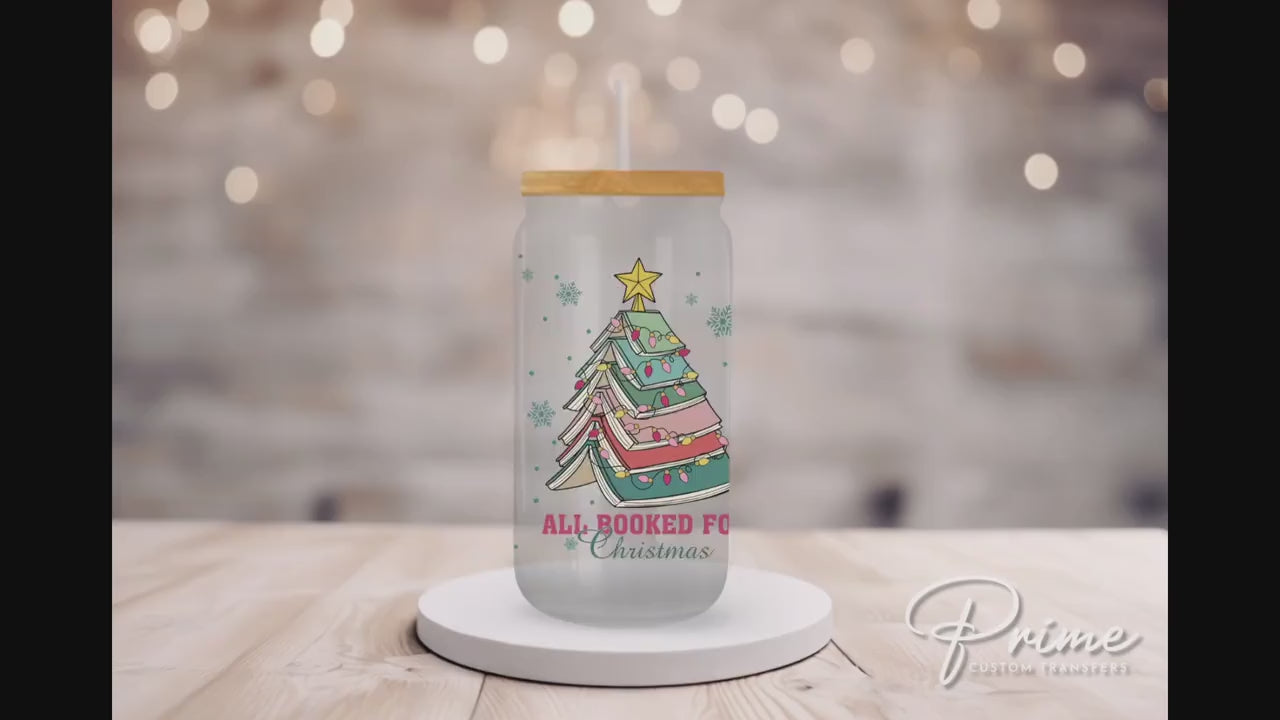 Christmas UV DTF Libbey 16oz Cup Wrap Sticker, Ready to Ship, rts, Direct to Film, Glass Can, Permanent, Holiday, Book Lover, Book Lover
