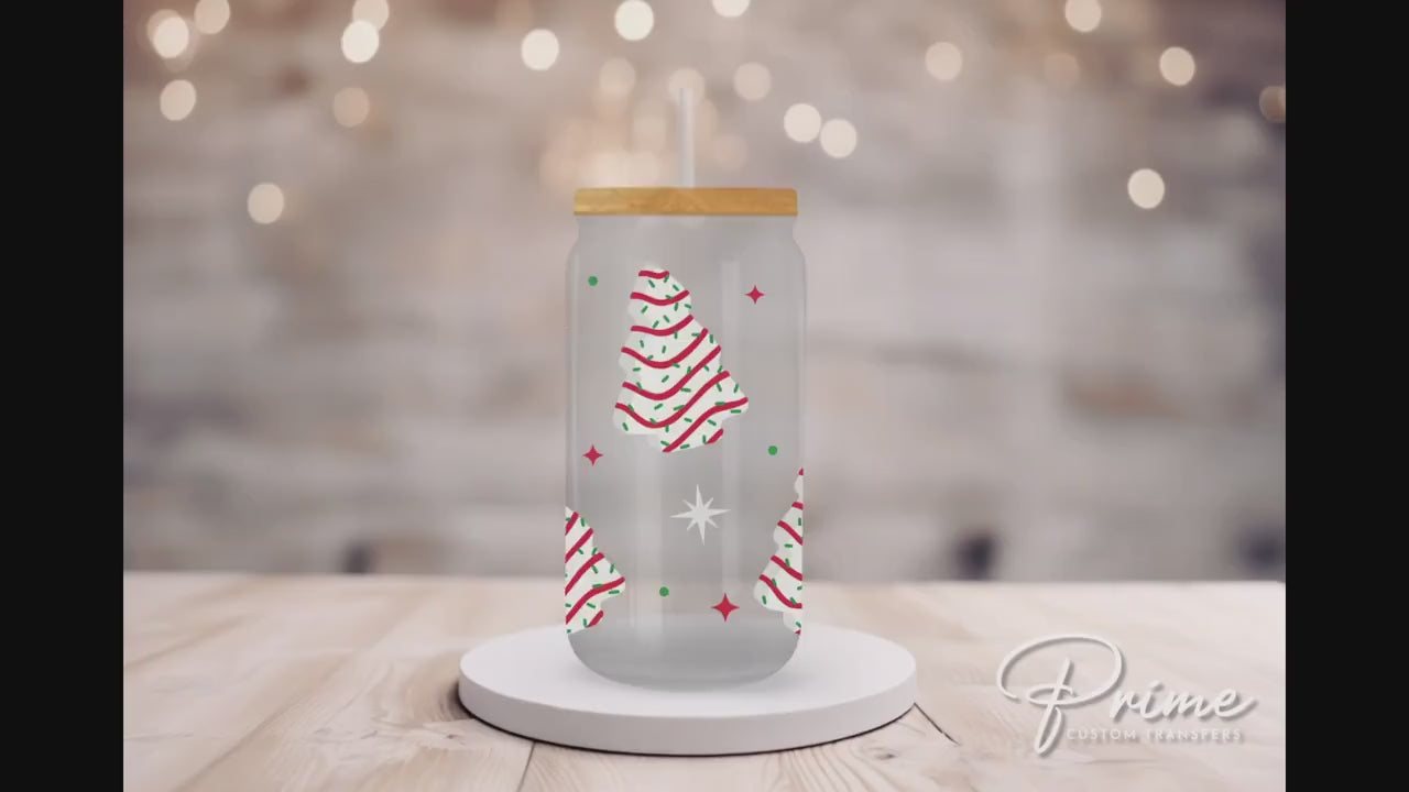 Christmas UV DTF Libbey 16oz Cup Wrap Sticker, Ready to Ship, rts, Direct to Film, Glass Can, Permanent, Dessert, Christmas Tree Cakes