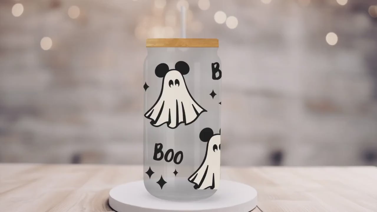 Halloween UV DTF Libbey 16oz Cup Wrap Sticker, Ready to Ship, Direct to Film, Glass Can, Fall, Permanent, Boo, Mouse Ghost