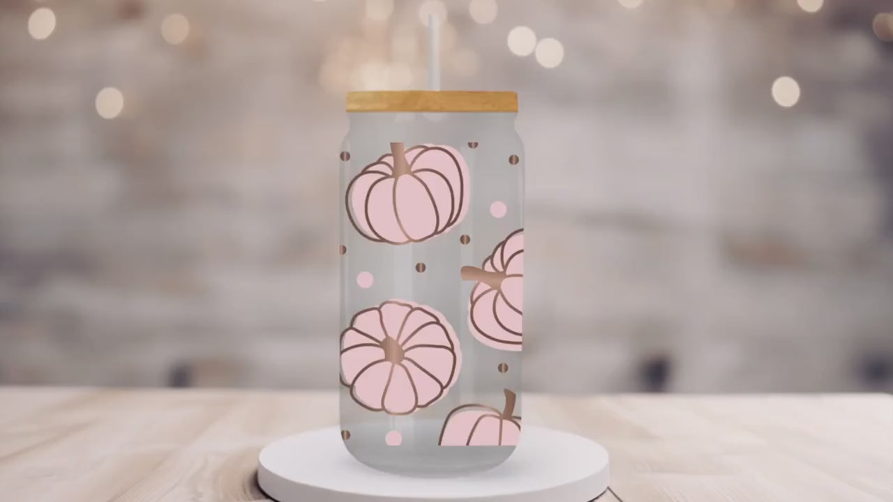 Fall UV DTF Libbey 16oz Cup Wrap Sticker, Ready to Ship, Direct to Film, Glass Can, Halloween, Permanent, Pink Pumpkins and Dots