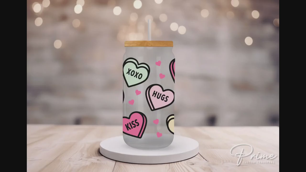 Valentine UV DTF 16oz Libbey Cup Wrap Sticker, Ready To Apply, Direct to Film, Glass Can, Permanent, Holiday, Affirmation Valentine Hearts