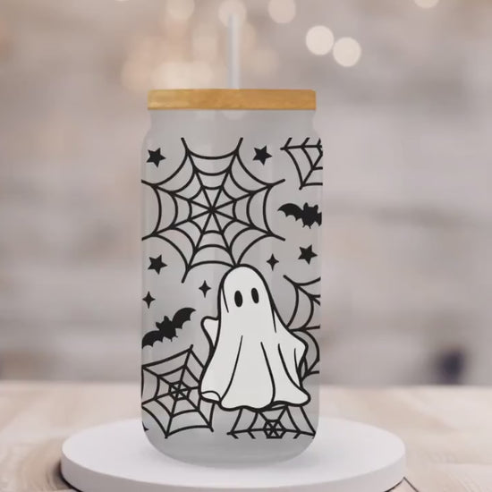 Halloween UV DTF Libbey 16oz Cup Wrap Sticker, Ready to Ship, Direct to Film, Glass Can, Fall, Permanent, Cute Ghost and Spider Web