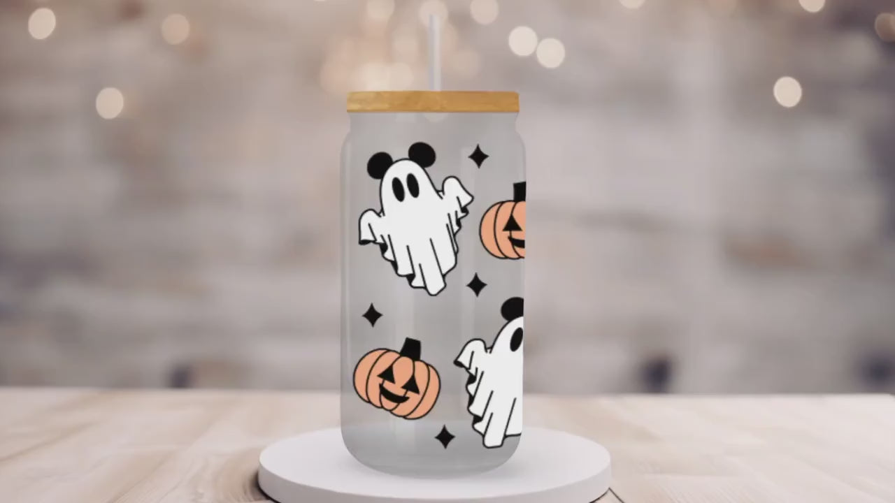 Halloween UV DTF Libbey 16oz Cup Wrap Sticker, Ready to Ship, Direct to Film, Glass Can, Fall, Permanent, Mouse Ghost and Pumpkins